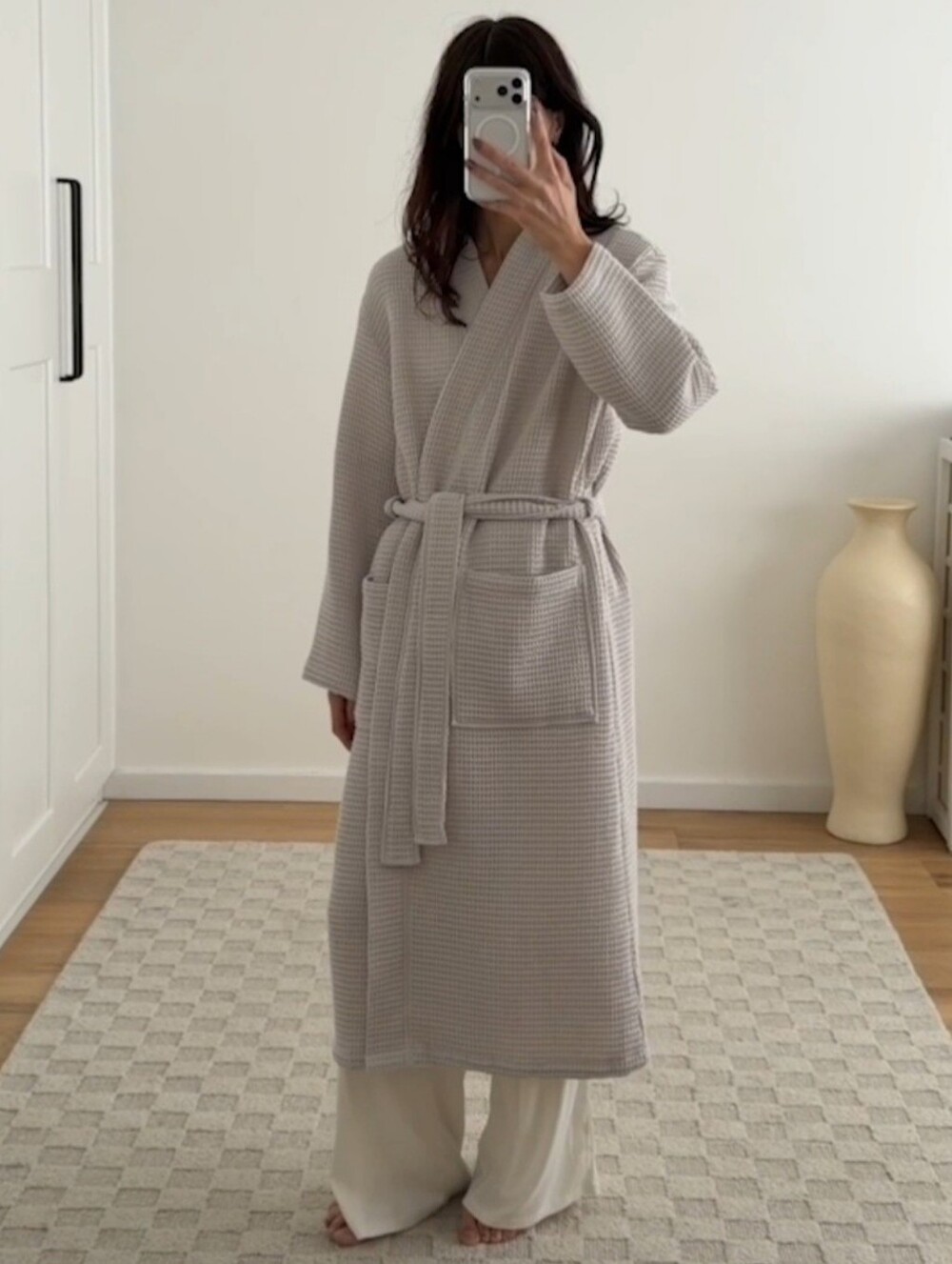 Organic Turkish Cotton Waffle Robe, Extended/Long Length, Silver